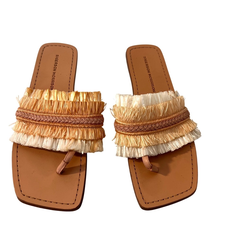 Sigerson Morrison Sandals Women 7.5 Tan Raffia Fringe Square Toe Boho Slides